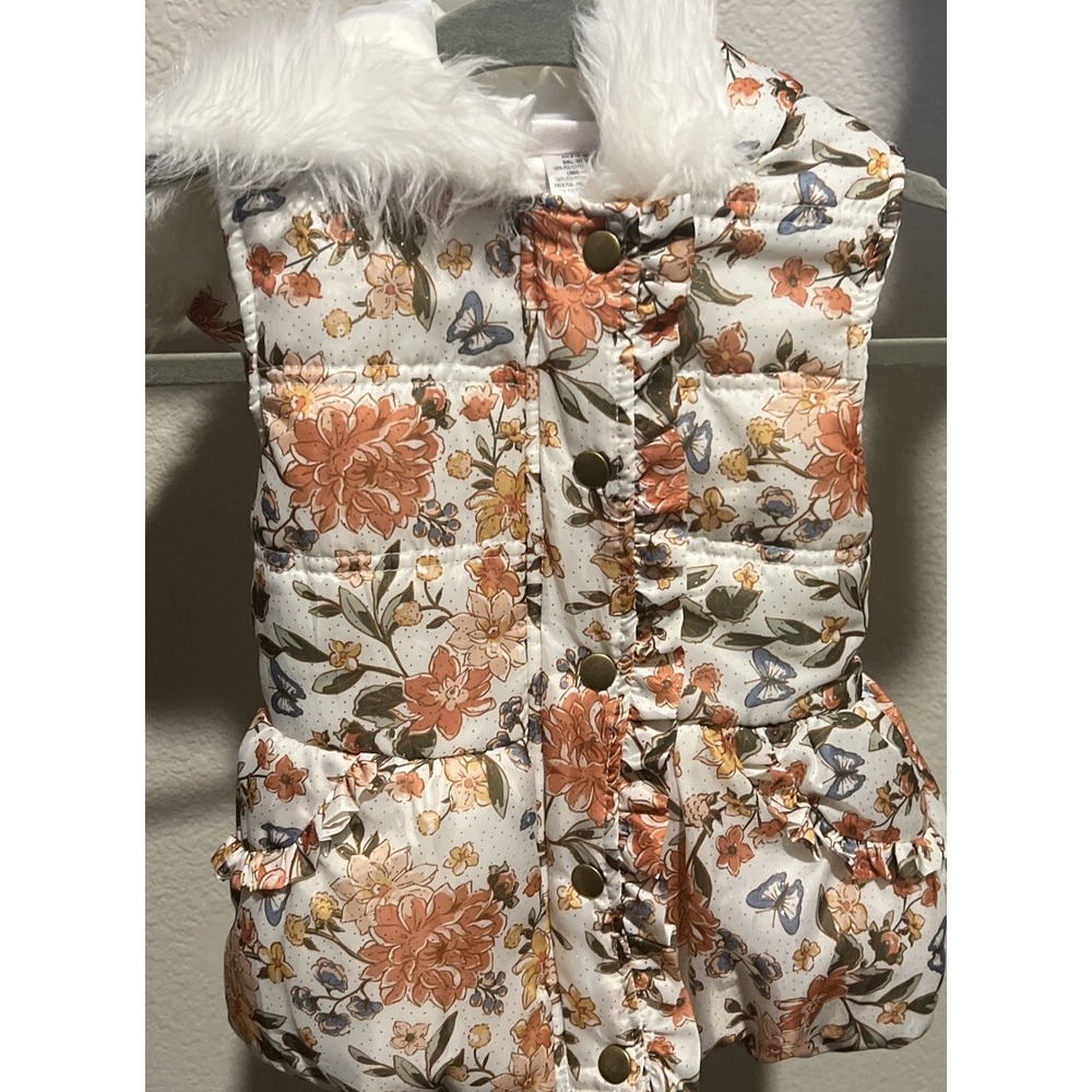 Little Lass Floral Puffer Vest Girls Hooded Floral Orange/Whi SIZE 5 Fully Lined